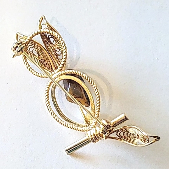 TIGER'S EYE FILIGREE OWL BROOCH with GENUINE PEARL - BONUS EARRINGS - Picture 7 of 8